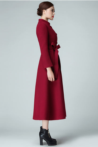 Handmade Burgundy Wool Coat – Elegant High Neck Belted Long Overcoat | Xiaolizi 3986