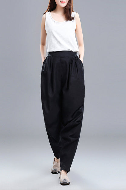 Black Linen Cotton Wide Leg Pants - Vintage Inspired Elastic Waist 3672