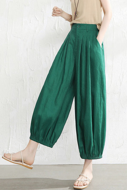 Beige Linen Wide Leg Pants - Back Elastic Waist Casual Fit 3529