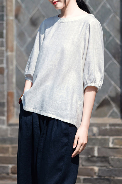 Off White Linen Blend Round Neck Top - Loose Fit Half Sleeve 3674