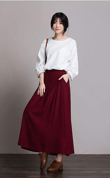 Burgundy Linen Maxi Skirt - A-Line High Waist J084-11