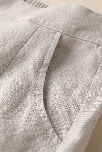 Beige Linen Maxi Skirt - Elastic Waist with Side Pockets 3595