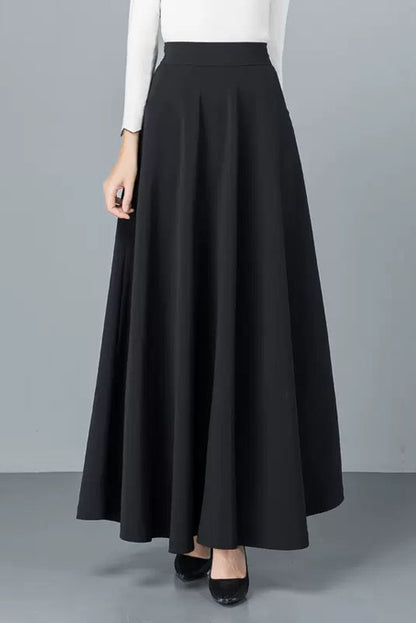 Black Cotton Blend A-Line Long Skirt - Back Elastic Waist 4092