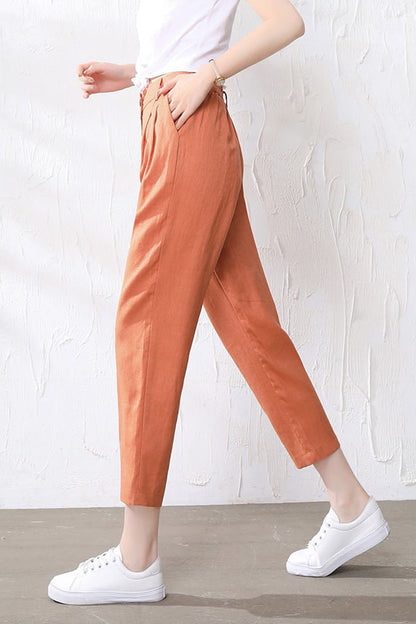 Rust Brown Linen Casual Pants - Loose Fit, Elastic Waist 3512