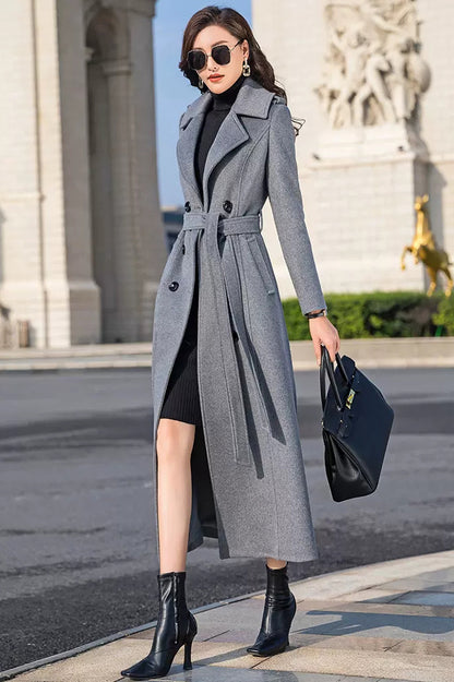 Handmade Gray Wool Coat – Elegant Double-Breasted Belted Long Overcoat | Xiaolizi 3982