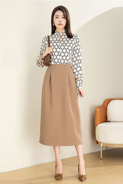 Navy Cotton Blend A-Line Midi Skirt - Elastic Waist with Back Split 40