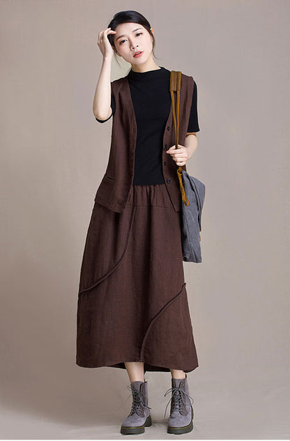 Brown Cotton Linen Maxi A-Line Skirt - High Waist Autumn Style J084-9