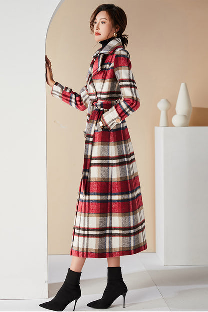 Handmade Plaid Wool Coat – Vintage Red Check Double-Breasted Long Belted Overcoat | Xiaolizi 3990