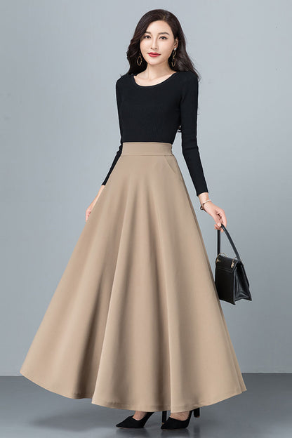 Black Cotton Blend A-Line Long Skirt - Back Elastic Waist 4092