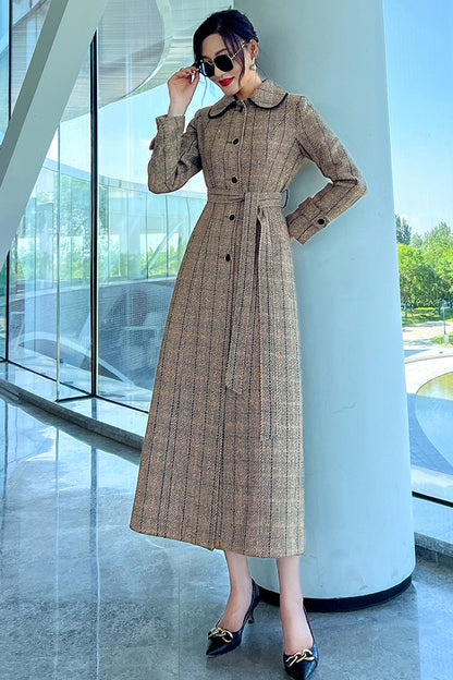 Elegant Wool Blend Coat – Handmade Camel Plaid Long Winter Overcoat for Women | Xiaolizi 3991
