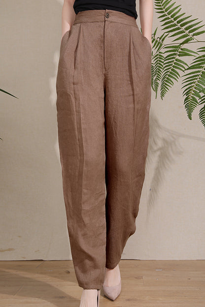 Brown Linen Wide Leg Pants - High Waist Elastic Comfort 3673