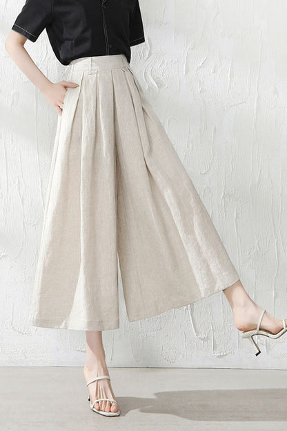Wine Red Linen Wide Leg Pants - Back Elastic Waist, Front Pockets 3528