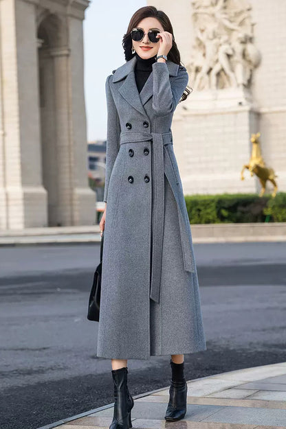 Handmade Gray Wool Coat – Elegant Double-Breasted Belted Long Overcoat | Xiaolizi 3982