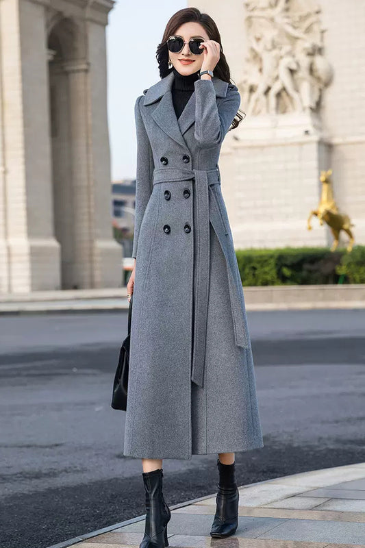 Handmade Gray Wool Coat – Elegant Double-Breasted Belted Long Overcoat | Xiaolizi 3982
