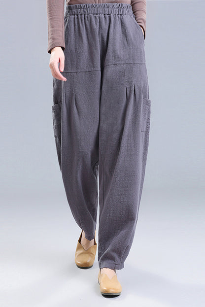 Beige Linen Wide Leg Pants - Elastic Waist, Four Pockets 3667