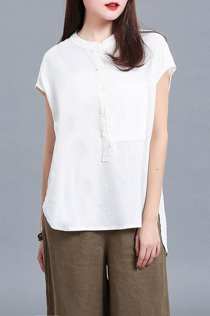 White Linen Cotton Short Sleeve Top - Loose Fit with Front Pocket 3677