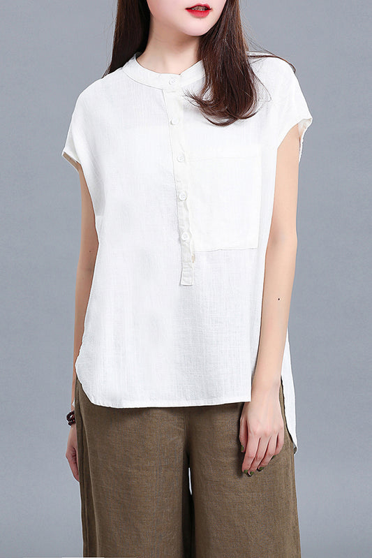 Women Vintage Inspired Short Sleeve Loose Linen Tops 3677