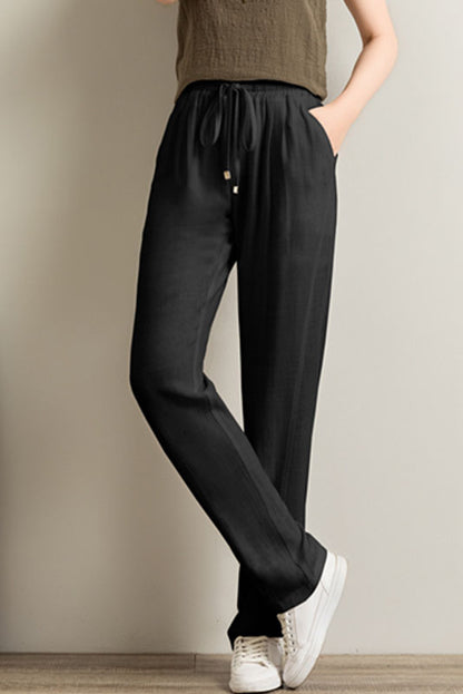 Beige Linen Wide Leg Pants - Elastic Waist, Casual Comfort 3517
