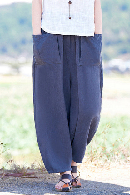 Light Green Linen Cotton Wide Leg Pants - Elastic Waist Casual Fit 3665