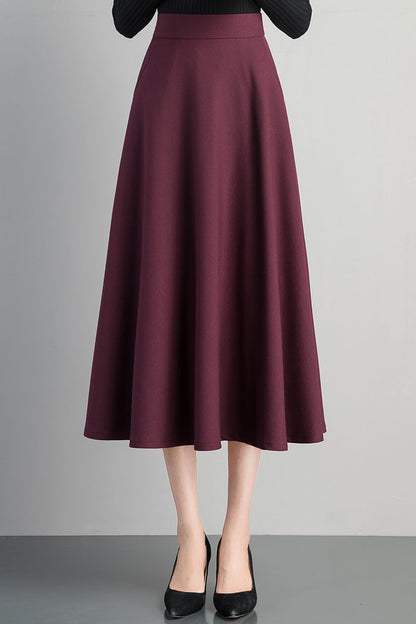 Burgundy Cotton Blend A-Line Midi Skirt - Back Elastic Waist 4102