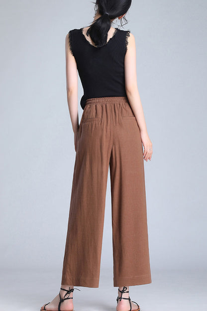 Brown Linen Wide Leg Pants - Elastic Waist, Loose Fit 3520