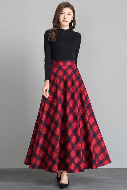 Red Wool Plaid Maxi Skirt - Full Flowy Ankle Length 3921