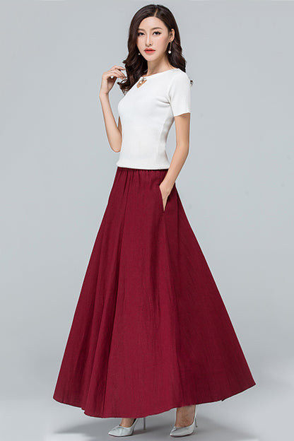 Emerald Green Linen Cotton Maxi Skirt - Pleated, Elastic Waist 4089