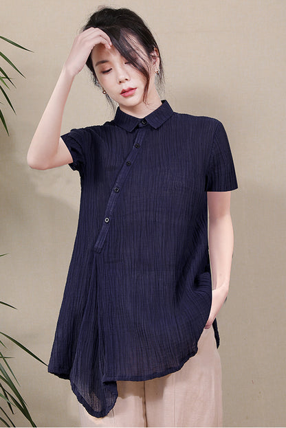 Dark Blue Women Summer Asymmetrical Shirt Linen Tops 3678