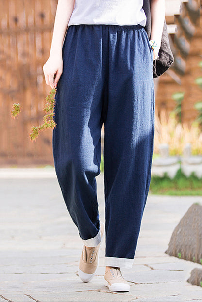 Navy Linen Blend Wide Leg Pants - Vintage Inspired Elastic Waist 3671