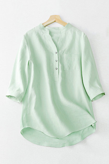 Light Green Linen V-Neck Top - Loose Fit with Pocket 3661