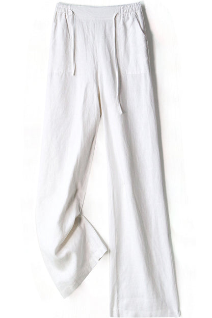 Rust Brown Linen Wide Leg Pants - Elastic Waist, Side Pockets 3506