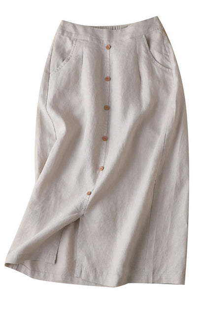 Beige Linen Maxi Skirt - Elastic Waist with Side Pockets 3595