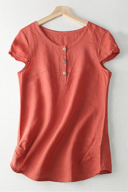 Apricot Linen Short Sleeve Top - Front Button Closure 3653