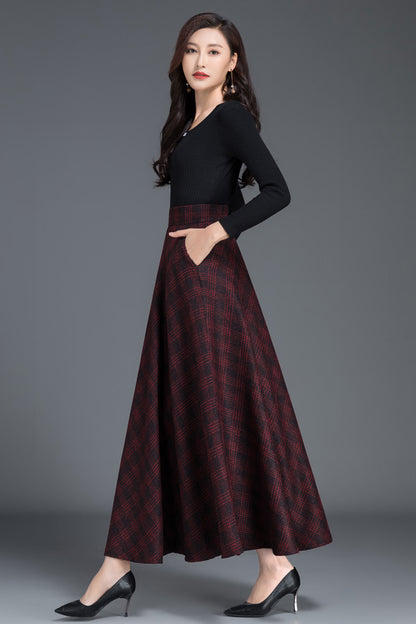 Plaid Wool A-Line Maxi Skirt - Elastic Waist with Side Pockets 3805