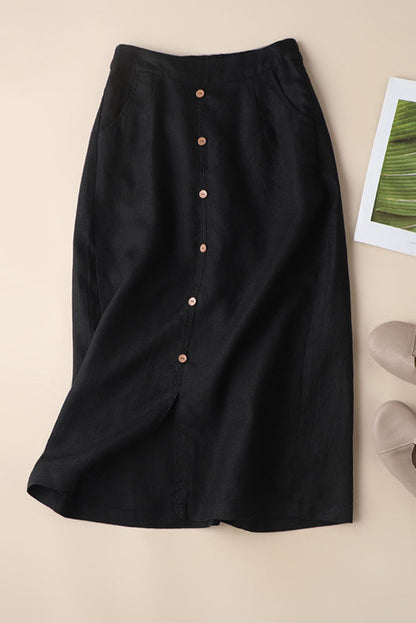 Beige Linen Maxi Skirt - Elastic Waist with Side Pockets 3595