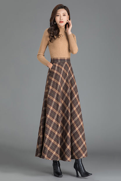 Plaid Wool Maxi Skirt - A-Line Flared Silhouette 3785