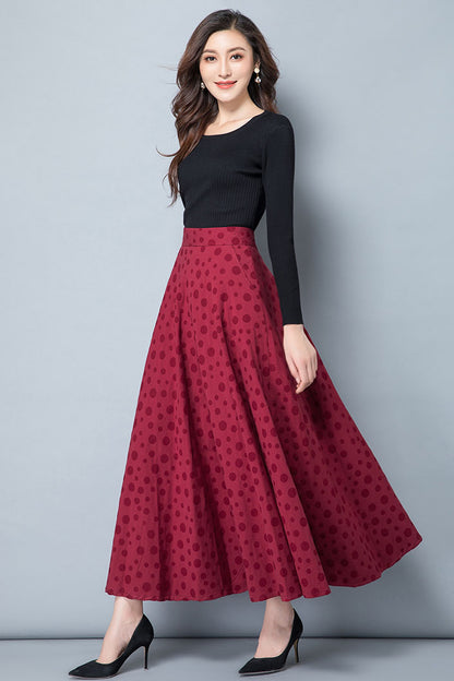 Long A-Line Polka Dot Linen Skirt 4117