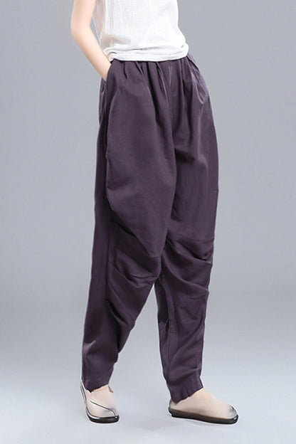 Black Linen Cotton Wide Leg Pants - Vintage Inspired Elastic Waist 3672