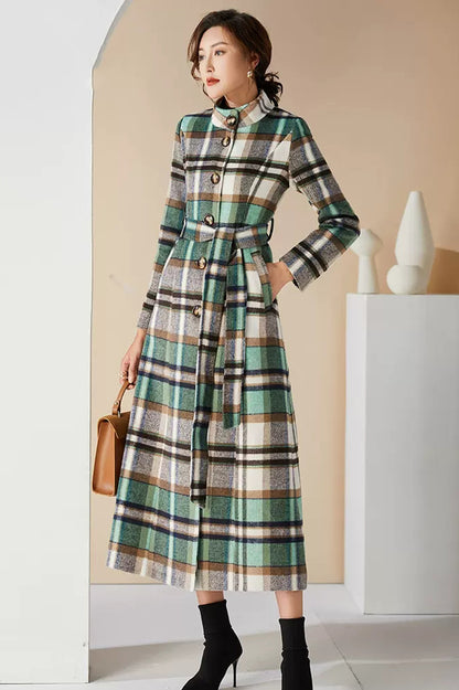 Handmade Green Plaid Wool Coat – Elegant Belted High Neck Long Overcoat | Xiaolizi 3996