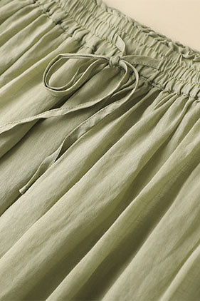 Army Green Linen A-Line Maxi Skirt - Elastic Waist, Side Pockets 3592