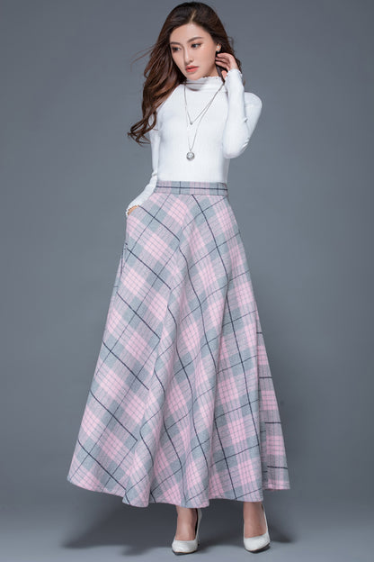 Plaid Wool Blend Maxi Skirt – A-Line Ankle Length Skirt with Pockets 3935