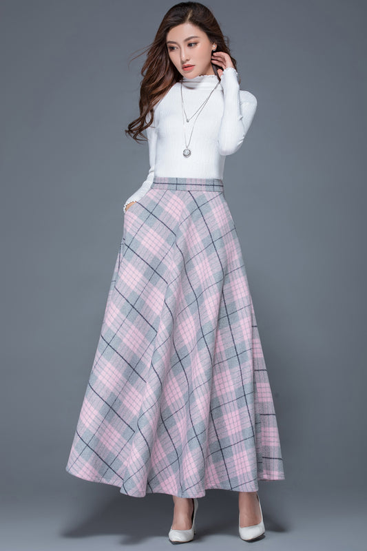 Plaid Wool Blend Maxi Skirt - A-Line Ankle Length with Pockets 3935