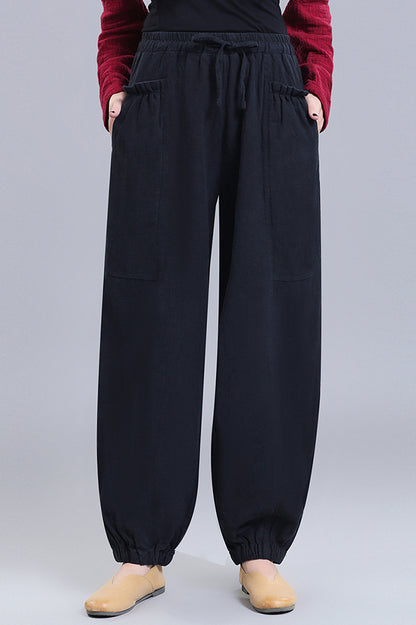 Black Linen Wide Leg Pants - Loose Fit Elastic Waist Bloomers 3669