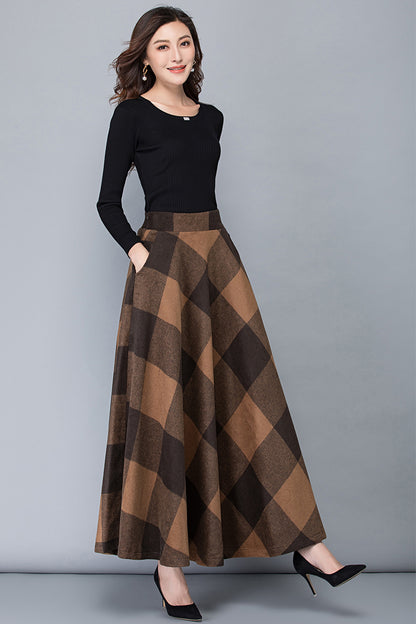 Brown Wool Maxi Skirt - Vintage Plaid Full Length 3782