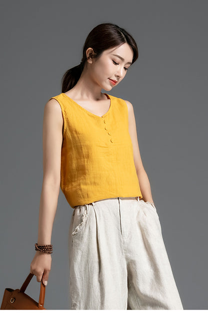 Linen V-Neck Tank Top - High Low Hem Sleeveless Summer | Xiaolizi 3407