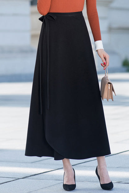 Black Cotton Blend A-Line Maxi Skirt - High Waist Wrap with Belt 40