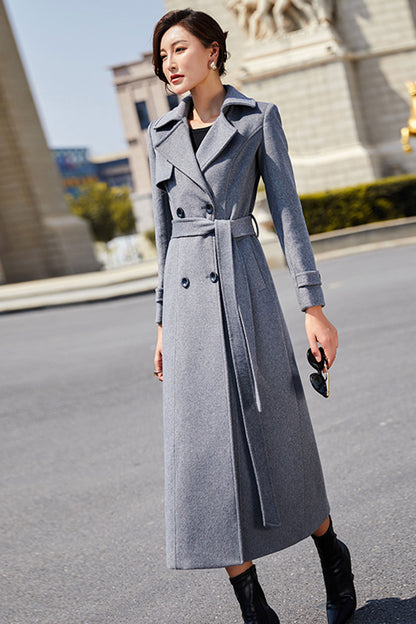 Gray Wool Maxi Coat - Double Breasted with Tie Belt 319501