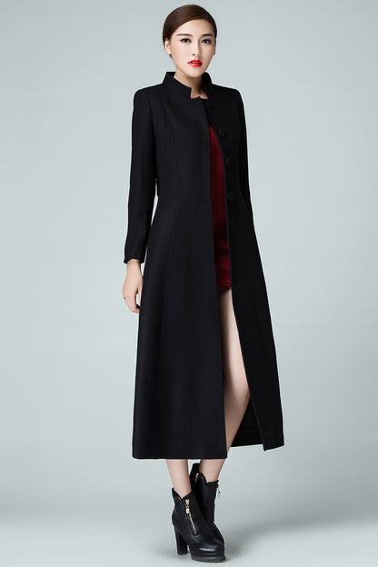 Handmade Burgundy Wool Coat – Elegant High Neck Belted Long Overcoat | Xiaolizi 3986