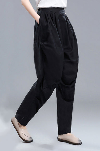 Black Linen Cotton Wide Leg Pants - Vintage Inspired Elastic Waist 3672