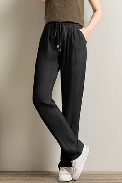 Beige Linen Wide Leg Pants - Elastic Waist, Casual Comfort 3517